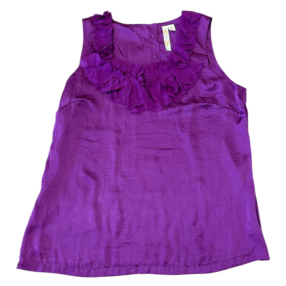 Adiva Womens Sz-1X Purple Ruffle‎ Rosette Neck Sleeveless Satin Blouse Top Plus
